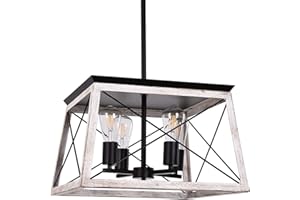 Luupyia Farmhouse Pendant Light Fixture, 4-Lights, Adjustable, Rectangular Rustic Chandeliers Farmhouse Light Fixture Vintage Island Lighting for Dining Room, Entryway and Living Room Beige