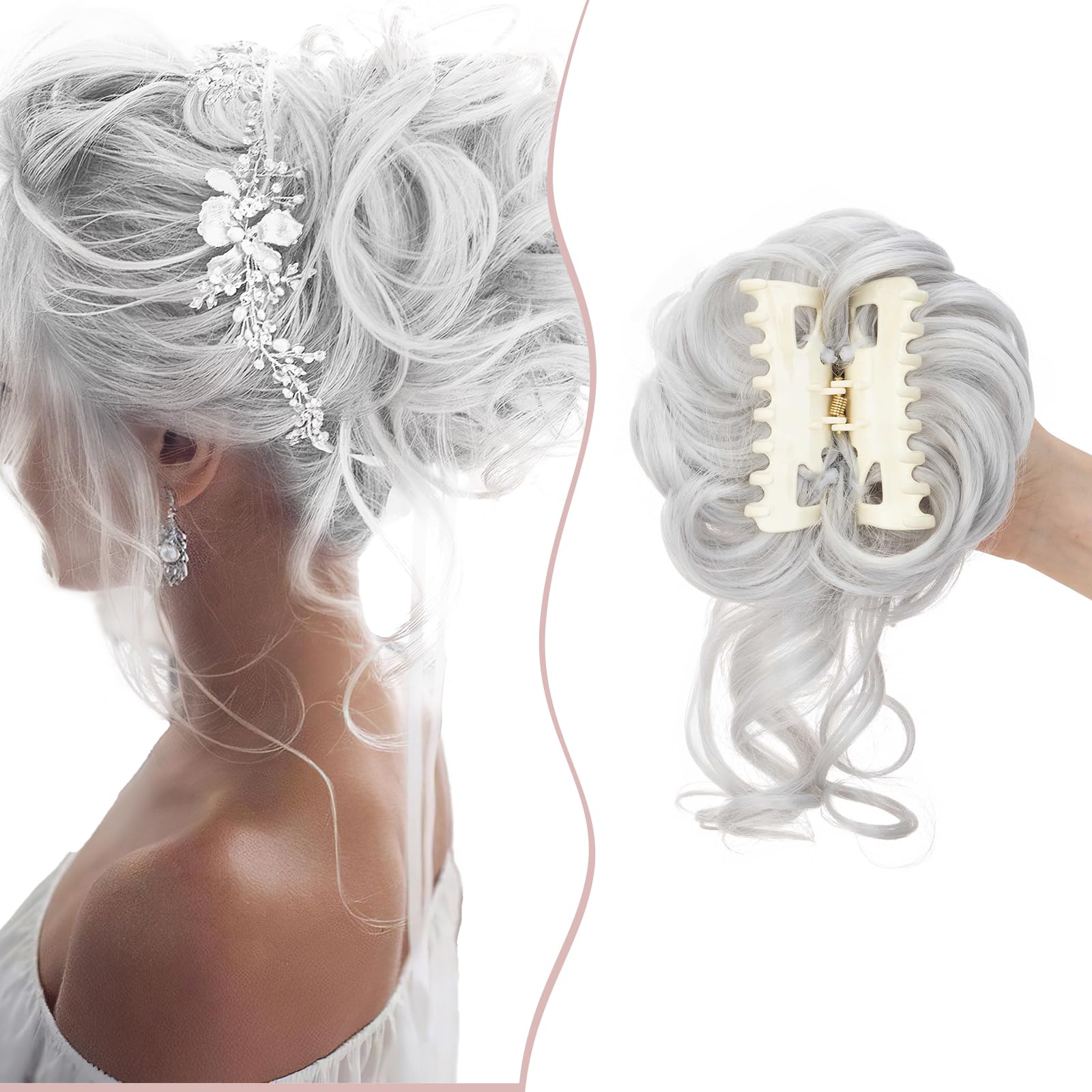 Claw Messy Bun Hairpieces Wavy Curly 75G Thick Hair Chignon Tousled Updo Doughnut Hair Bun Synthetic Ponytail, Silver Grey