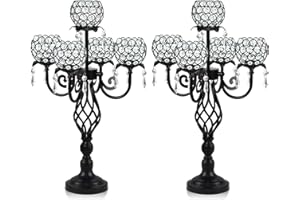 Kehail 5-Arm Crystal Candelabra Centerpiece 23.2" Tall - Elegant Candle Holder Stand with Crystal Bowl, Chic Table Decor for Weddings, Parties, Anniversary & Home Decoration (2, Black)