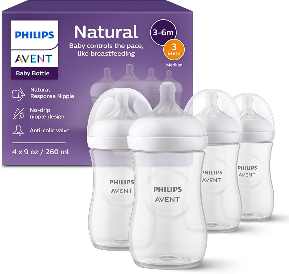 Philips Avent Natural Baby Bottles, Medium Flow, 9 oz, BPA-Free, 4-Pack | Baby-Controlled Flow, No-Drip Design, Reduces Colic
