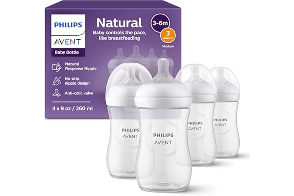 Philips Avent Natural Baby Bottles with Natural Response Nipples (Medium Flow, Flow 3), 9oz, 4-pack, SCY903/04