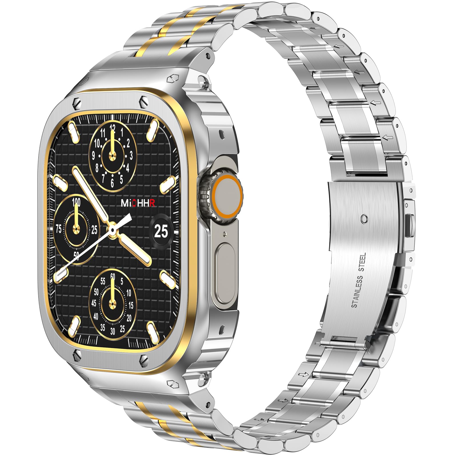 MioHHR Stainless Steel Watch Band with Case Compatible for Apple Watch Bands Ultra 3/2/1 49 mm,Rugged Strap with Metal Protective Bumper Cover for iWatch Ultra 3/2/1 for Men(Silver/Gold)