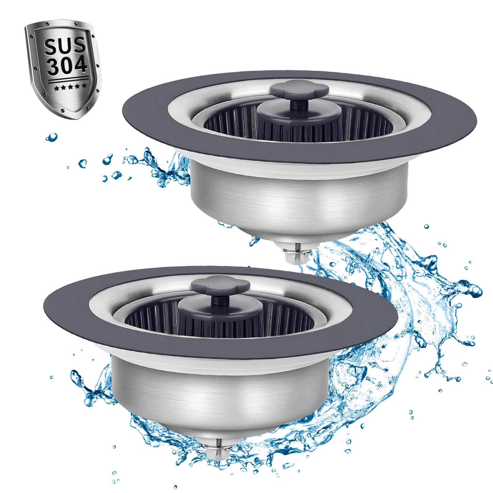 Photo 1 of 3 in 1Kitchen Sink Drain Strainer, 304 Stainless Steel Pop-Up Kitchen Sink Drain Stopper, Sink Drain Cover with Basket Anti-Clog Odor Filter for 3.5-Inch Standard Sink Drain Hole, 2 Pack