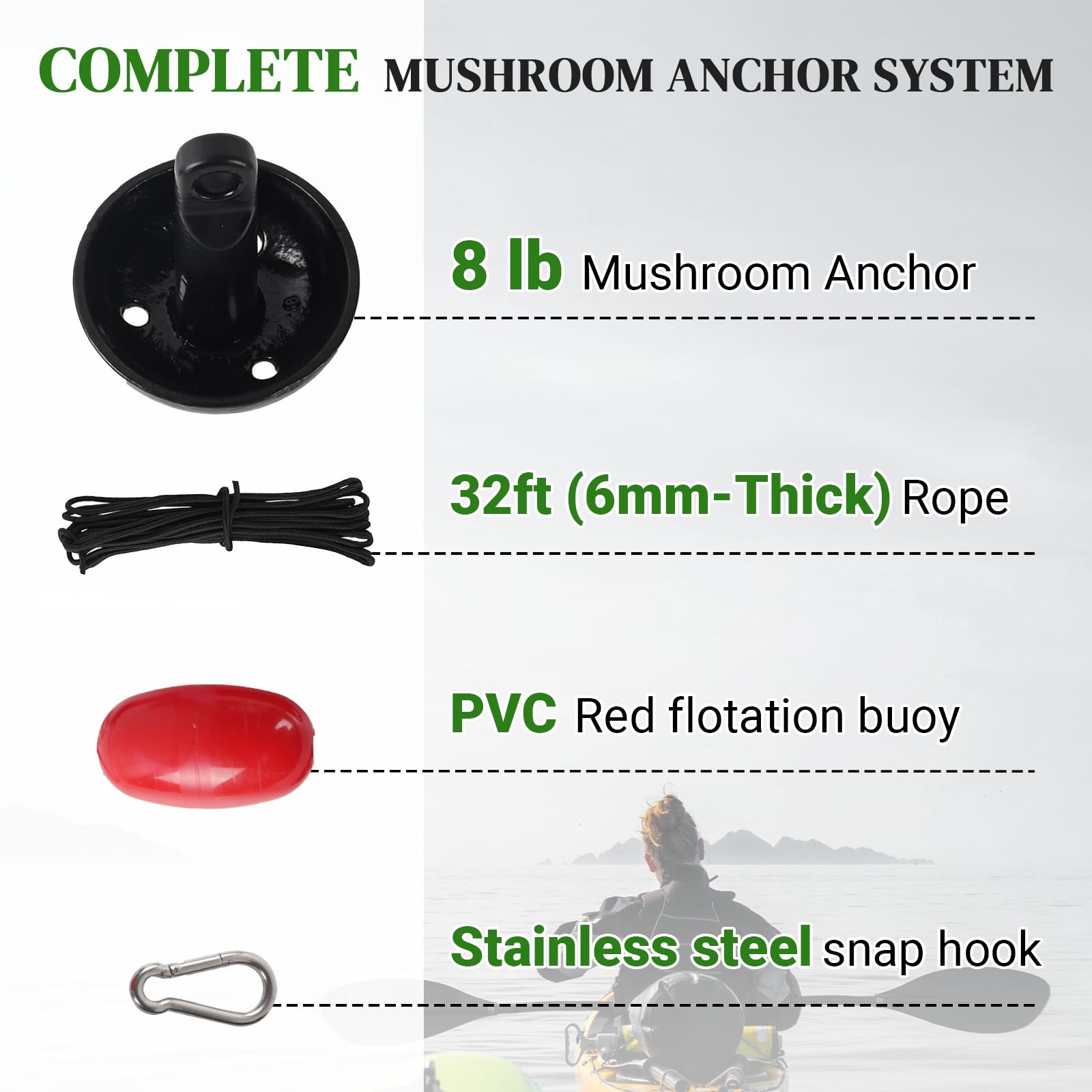 Mushroom Anchor Kit 8lb W/ Nylon Rope Plastic Red Float And Stainless Steel Hook
