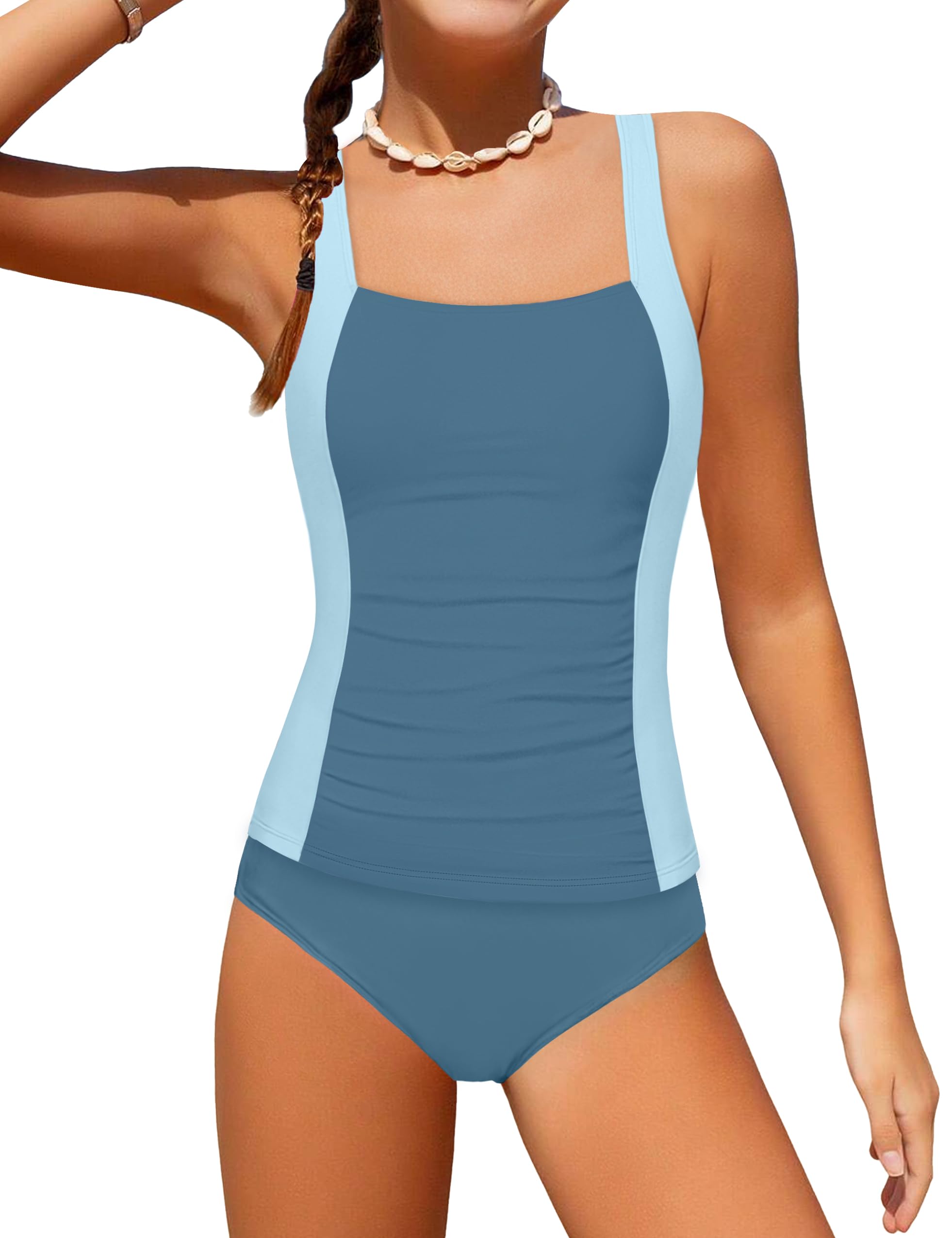Photo 1 of HOTOME Two Piece Swimsuits for Girls 10-12 Solid Color Blocking Bathing Suit for Kids Ruched Blue Tankini with Comfortable Breast Pads Fabric Holiday Bathing Suit for Girls 10-12