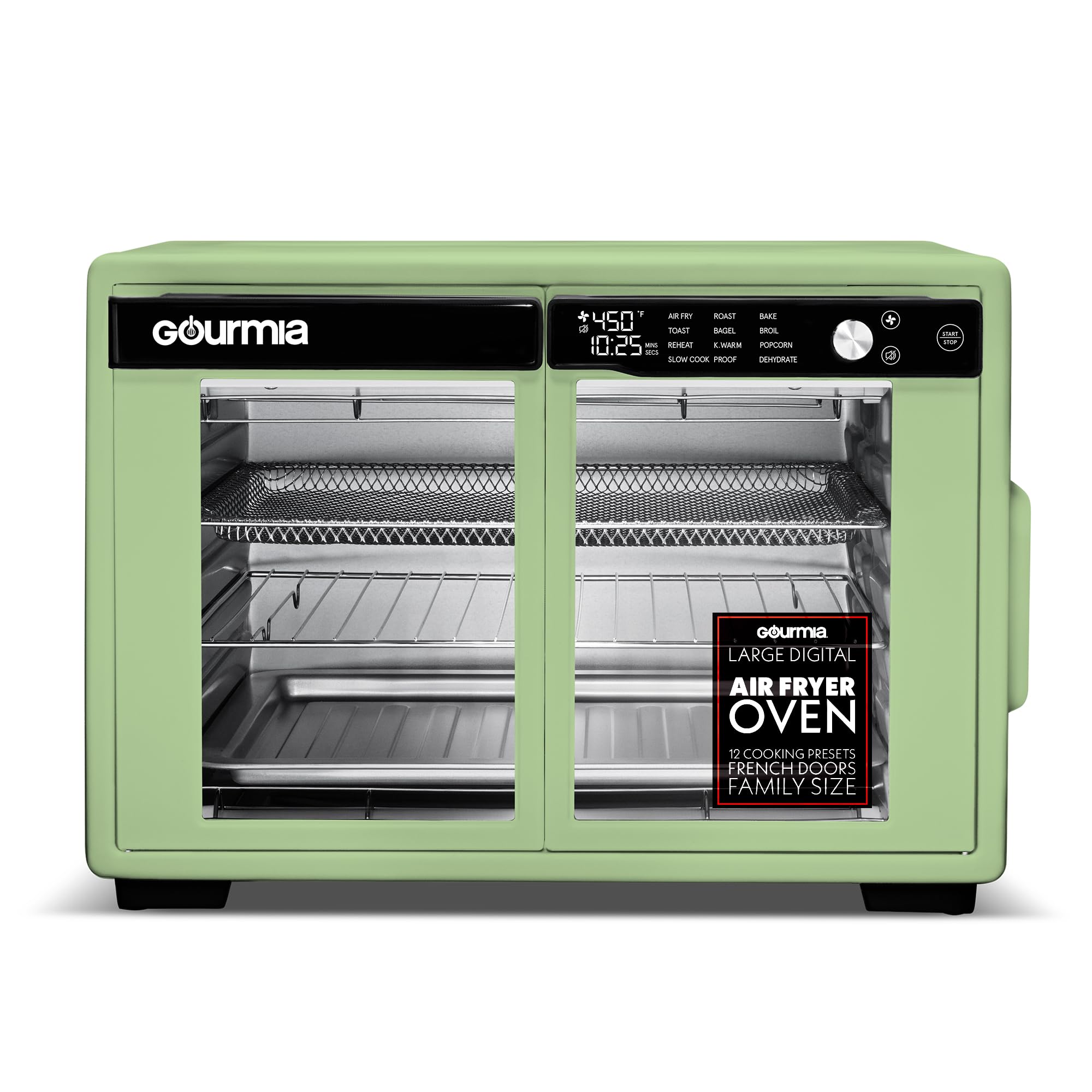 Gourmia Horno freidora de aire digital con puerta francesa - Capacidad XL 37QT, 12 presintonías, tecnología FryForce 360°, deshidratación, prueba, cocción lenta, se adapta a pizza de 13", 1700W, verde