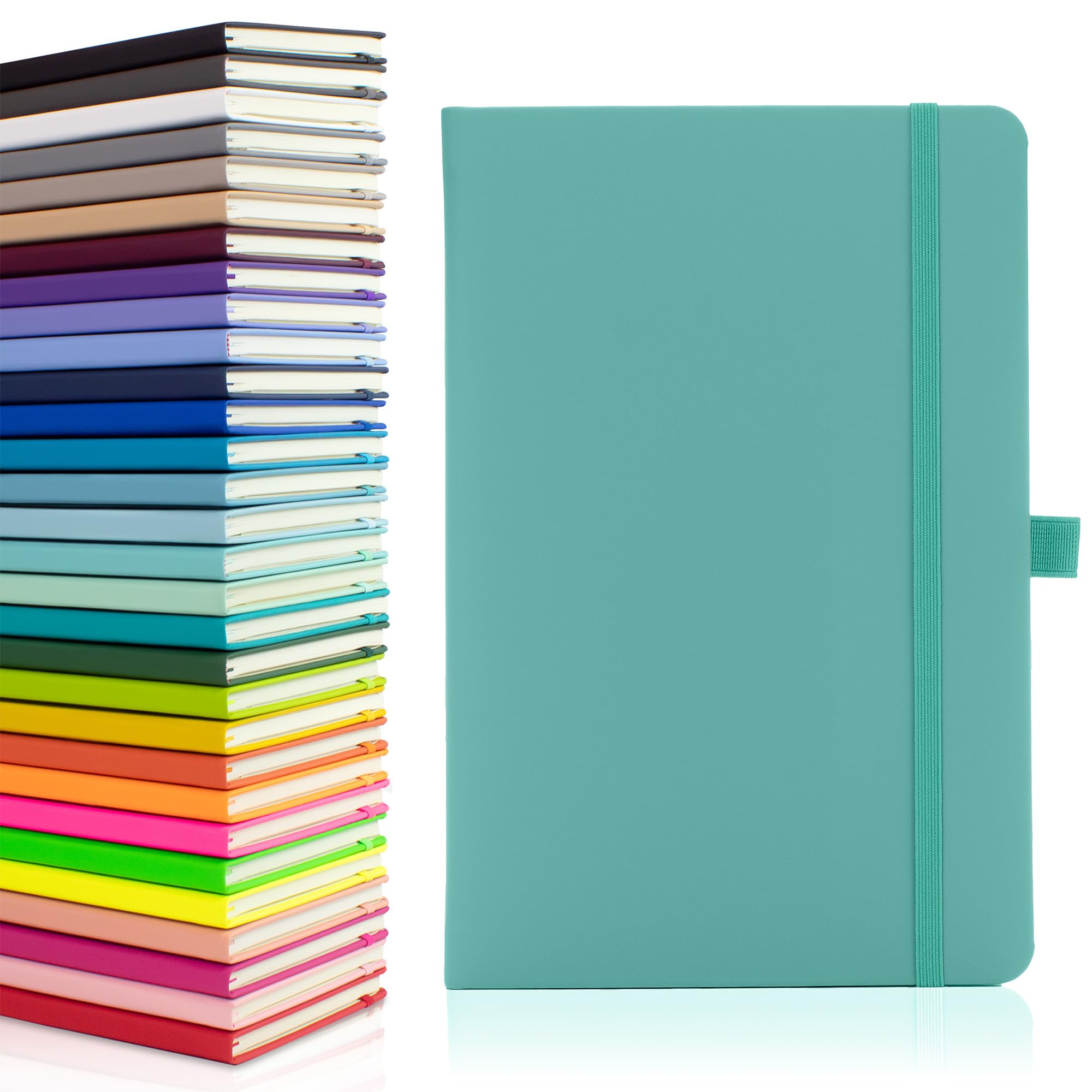 Notes London Eco A5 Notebook with Lined Pages, Pen Loop, Ribbon, Date Marks and Paper Pocket, Medium Hardback Journal, Note, sustainably sourced paper (Pastel Teal)