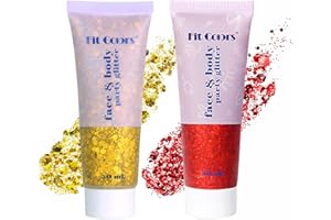 KIMIEYE Face Glitter Gel, 2 Jars Holographic Chunky Glitter Makeup for Body, Hair, Face, Nail, Eyeshadow, Long Lasting and Waterproof Mermaid Sequins Liquid Glitter Total 6 Colors Available (Gold & RED)