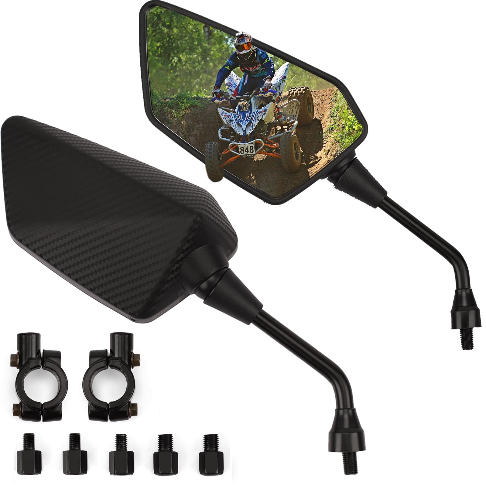 Photo 1 of XINGWU Motorcycle Mirrors M8 M10 Adjustable Rearview Mirror with Handlebar Clamp Universal for Honda Grom Yamaha Suzuki Scooter Street Dirt Electric Bike Moped Quad Cruiser (Carbon Style Eagle Eye)