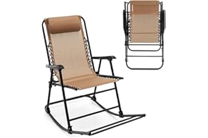 Goplus Folding Rocking Chair, Zero Gravity Rocking Beach Camping Chair with Pillow & Armrests for Poolside Yard Garden Patio 