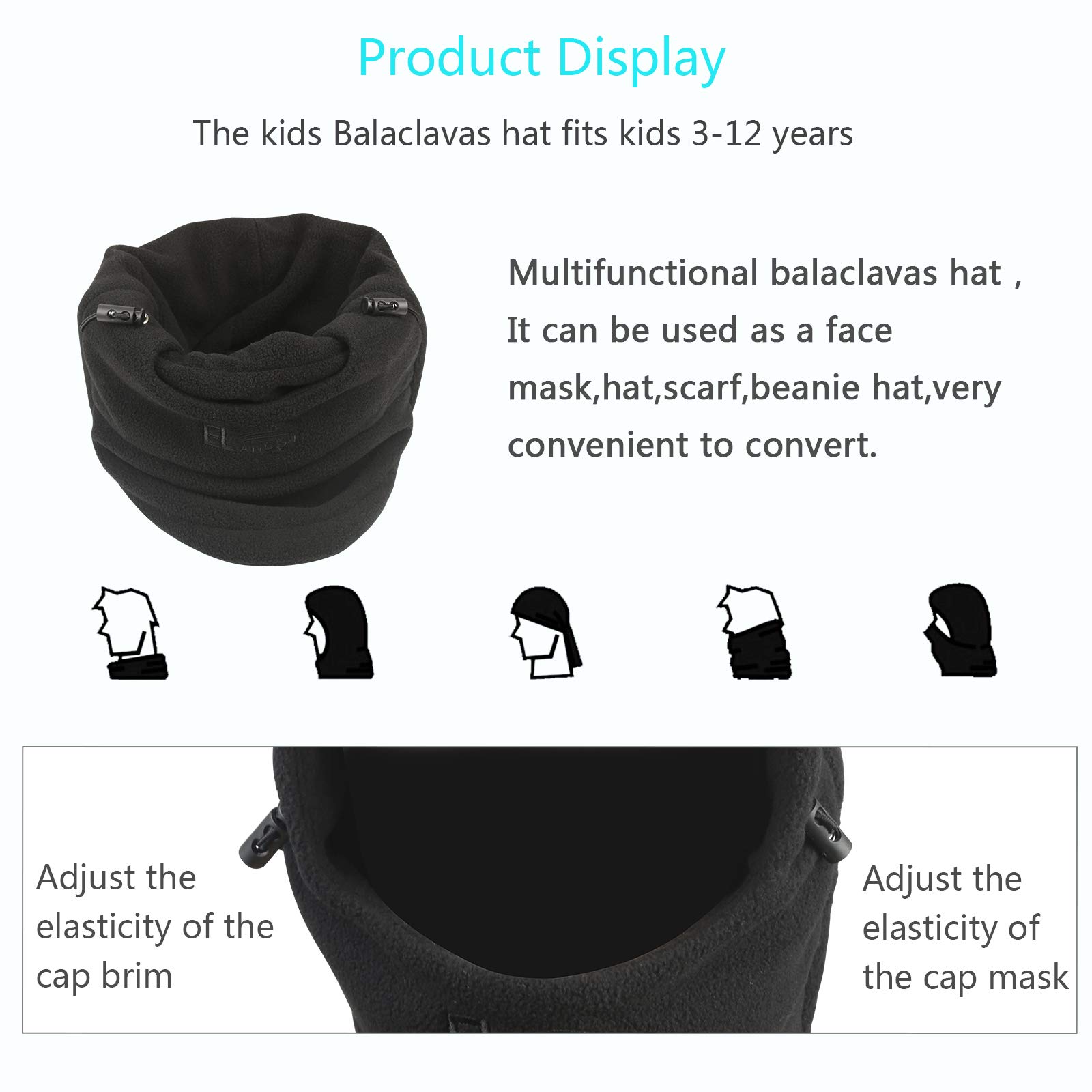 Metable Kids Balaclavas Hat Windproof Face Mask Cover Cap Neck Warmer for Outdoor Sport Ski Snowboarding Cycling (Black)
