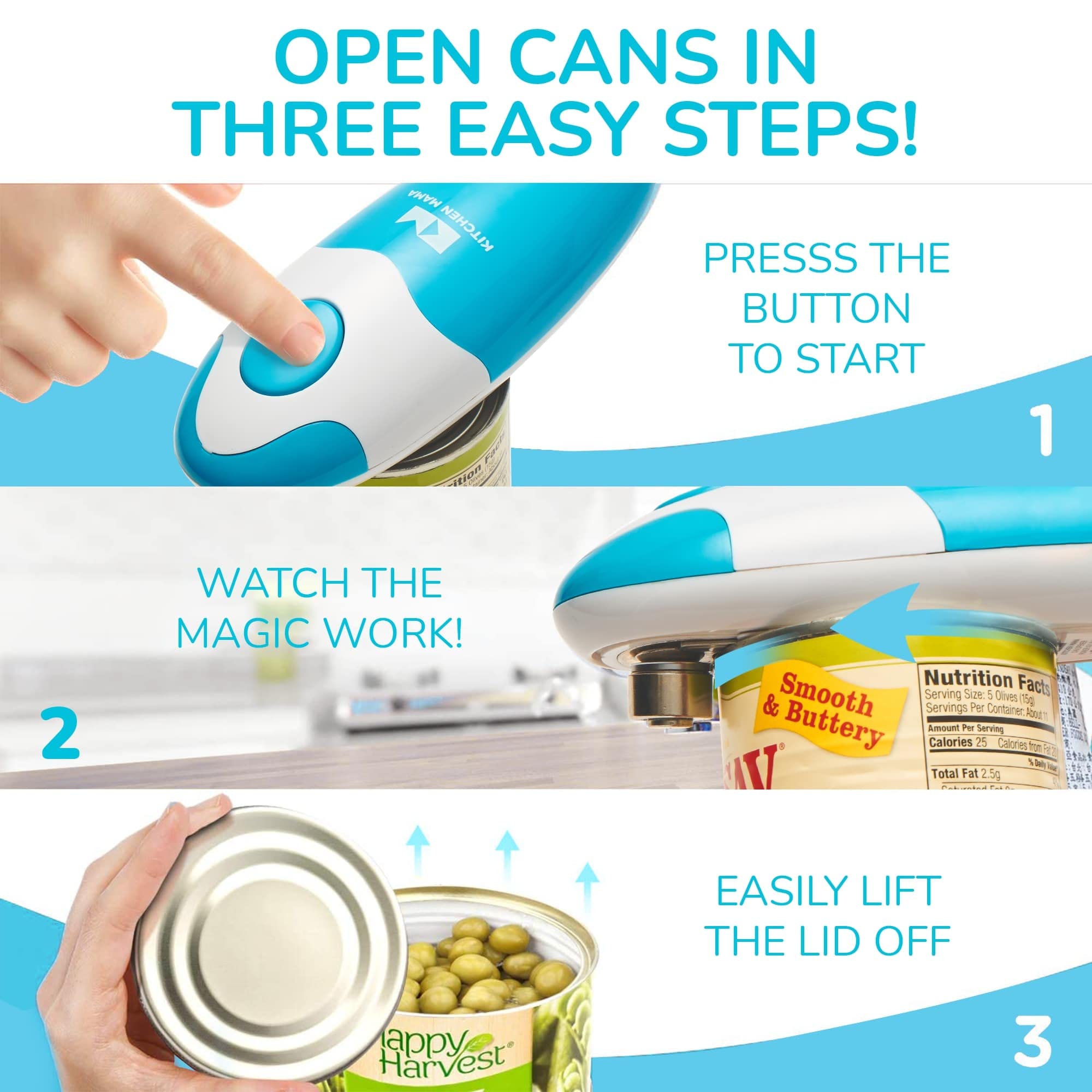 Kitchen Mama Auto Electric Can Opener : Open Your Cans with A Simple Press of Button - Automatic, Hands Free, Smooth Edge, Food-Safe, Battery Operated, YES You CAN (Sky Blue)