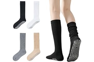 4 Pairs Scrunch Pilates Socks Women, Grippy Slouchy Yoga Socks for Girls, No-Slip Knee High Grip Socks for Yoga Barre Home