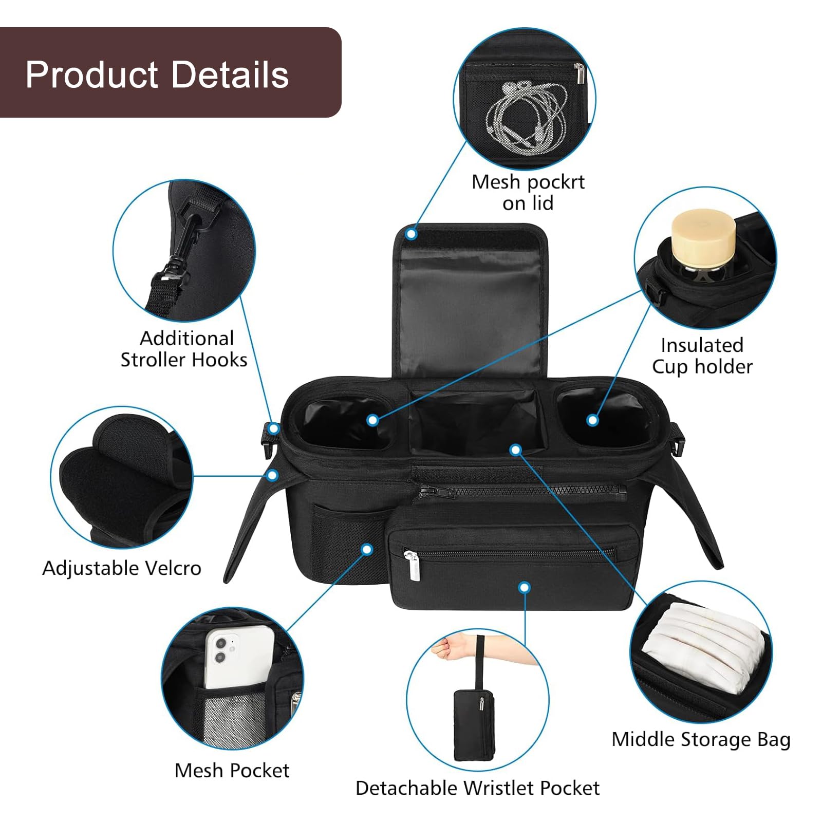 Stroller Accessories Stroller Organizer Stroller Caddy Stroller Cup Holder, Universal Fits Doona Car Seat Stroller, Evenflo Shyft Dualride, Doona Accessories, Bob, Uppababy Vista v2 Accessories Etc