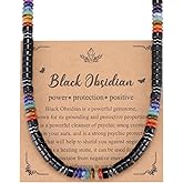 Top Plaza Black Obsidian Crystal Stone Beaded Necklace for Men Natural Gemstone Beads Necklace Handmade Chakra Balance Mens Necklace Protection Amulet Jewelry Gifts