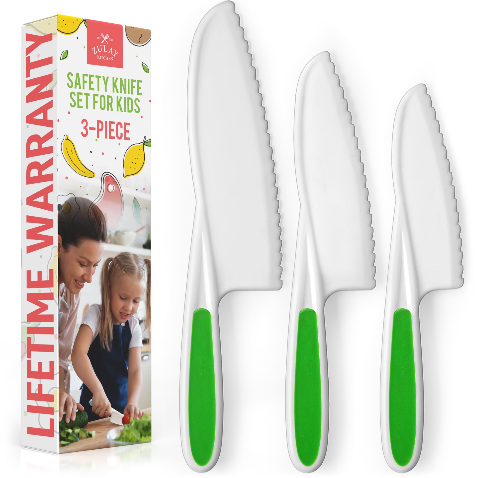 Zulay Kitchen Kids Knife Set for Cooking and Cutting Fruits, Veggies, Sandwiches & Cake - Perfect Starter Knife Set for Little Hands in the Kitchen - 3-Piece Nylon Knife for Kids