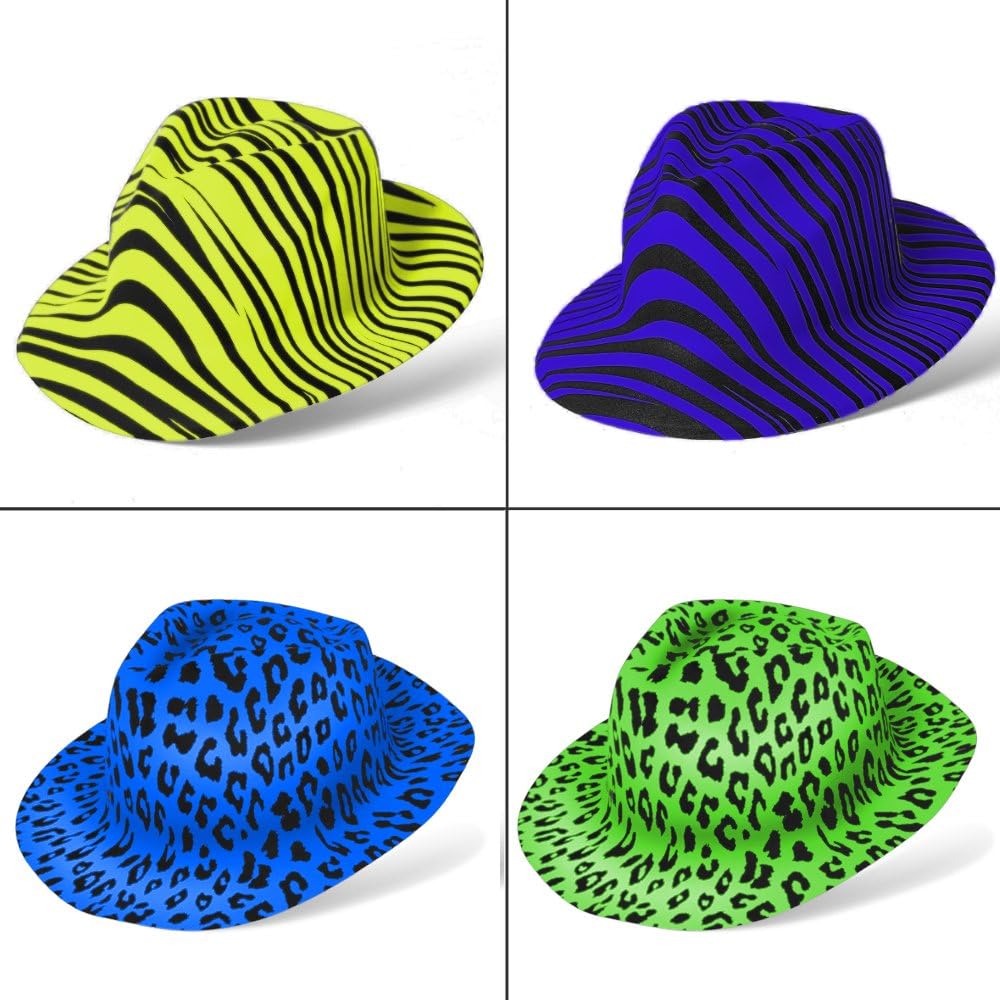 Novelty Place Neon Animal Print Plastic Party Hats, Fedora with Gangster Mafia Style, UV Blacklight Glow Party Stars Rave Hats for Kids and Teens in Birthday, Concerts, Music Party(Pack of 12): Toys & Games