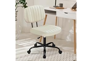 DUMOS Armless Home Office Desk Chair -Small Ergonomic with Low Back Lumbar Support, Height Adjustable PU Leather Computer Task with 360° Swivel Rolling Wheels, for Small Space, Beige White