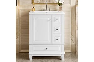 24" Bathroom Vanity with Ceramic Sink, Solid Wood Legs, Soft Close Hinges, Multi-Drawer & Cabinet Storage for Small Bathrooms