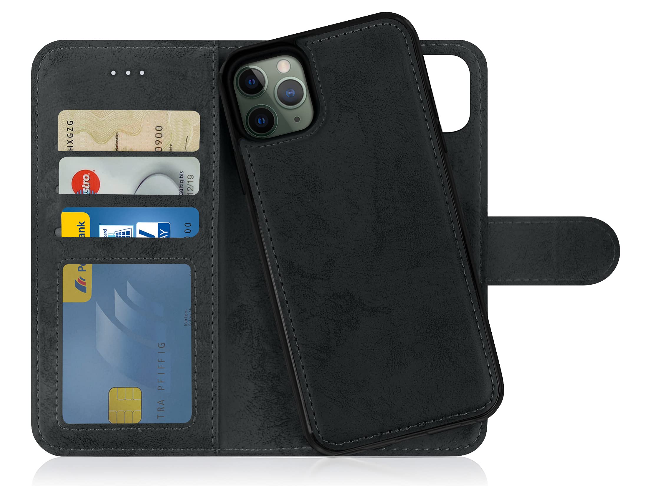 MyGadget Flip Case for iPhone 11 Pro Max - [ Removable Magnetic Cover ] - PU Leather Phone Case - [ Cover with Card Slot ] Protective Shell in Grey Black