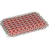 Lodge Chainmail Scrubbing Pad, Stainless Steel, Red | Heavy Duty Stainless Steel Cast Iron Scrubber with Silicone Grip, Reusable Cleaning Pad for Cookware &amp; Kitchen