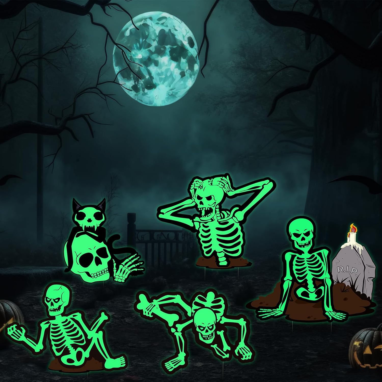 Yard Signs - Halloween Decorations Outdoor Yard Signs - 5pcs Halloween Yard Signs with Stakes, Skeleton Halloween Decor Glow In The Dark Halloween Decorations for Yard Garden Lawn Halloween Party Supplies