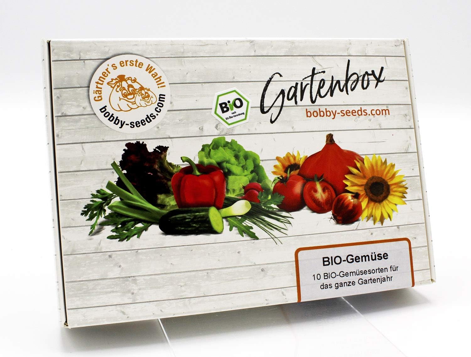 BIO-Gemüse Samen Set von bobby-seeds, 10 Sorten BIO-Gemüsesamen als Set in repräsentativer Gartenbox, Samen-Set mit 10 Sorten und praktischen Stecketiketten