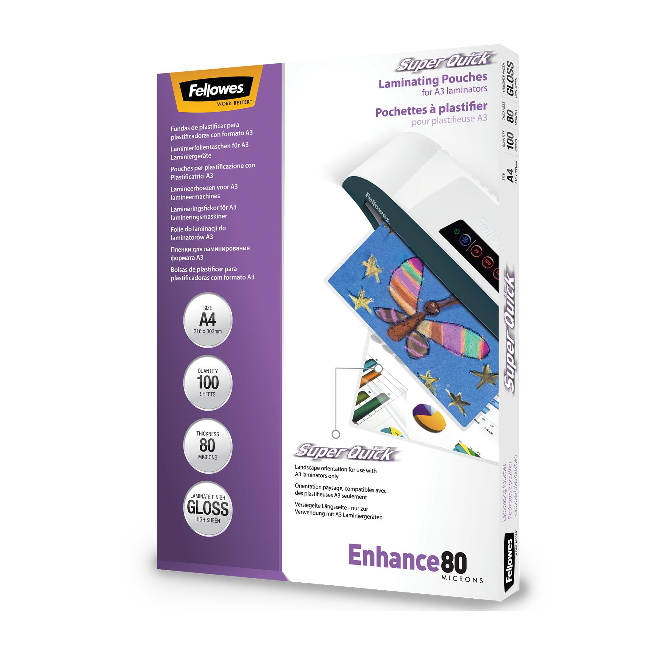 Fellowes Enhance A4 80 Micron Super Quick Glossy Laminating Pouches (Pack of 100)