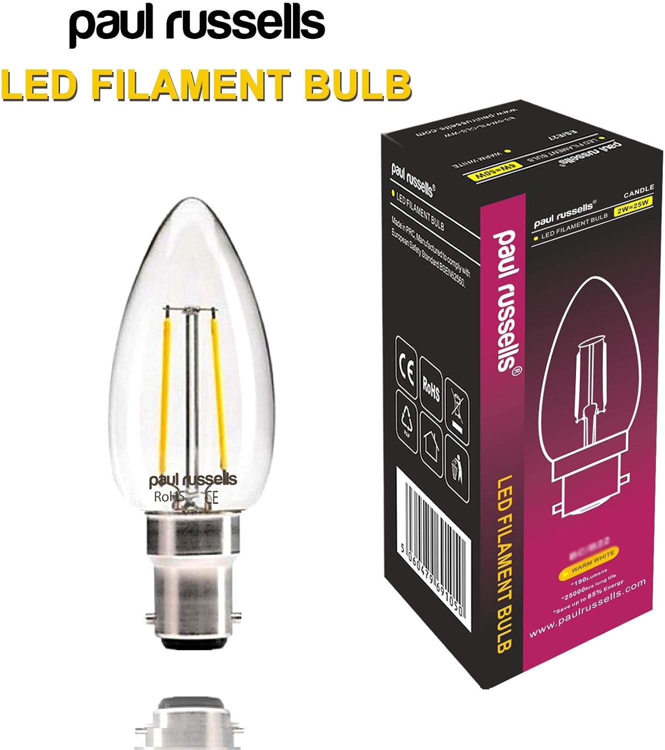 paul russells LED Candle Filament Light, 2.5W 25W Equivalent Replacement, 250LM Lumens, 2700K Warm White - Image 3