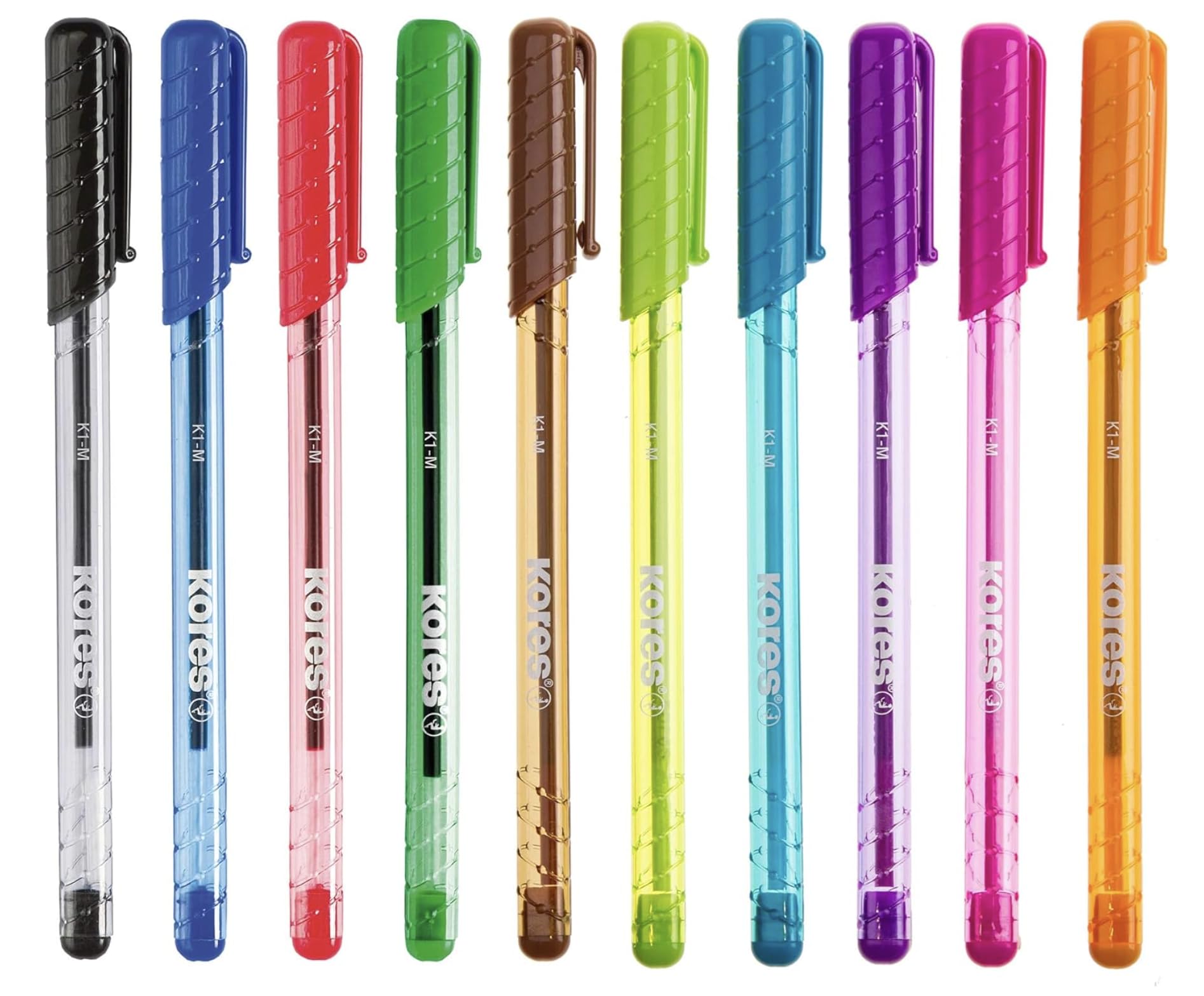 Kores - Coloured Pens - Ballpoint Pens, 1 mm Medium Point Biro with Smudge-Proof Ink, Triangular Shape - Office Supplies, School Stationery, Revision Supplies - Pack of 10 in Assorted Colours