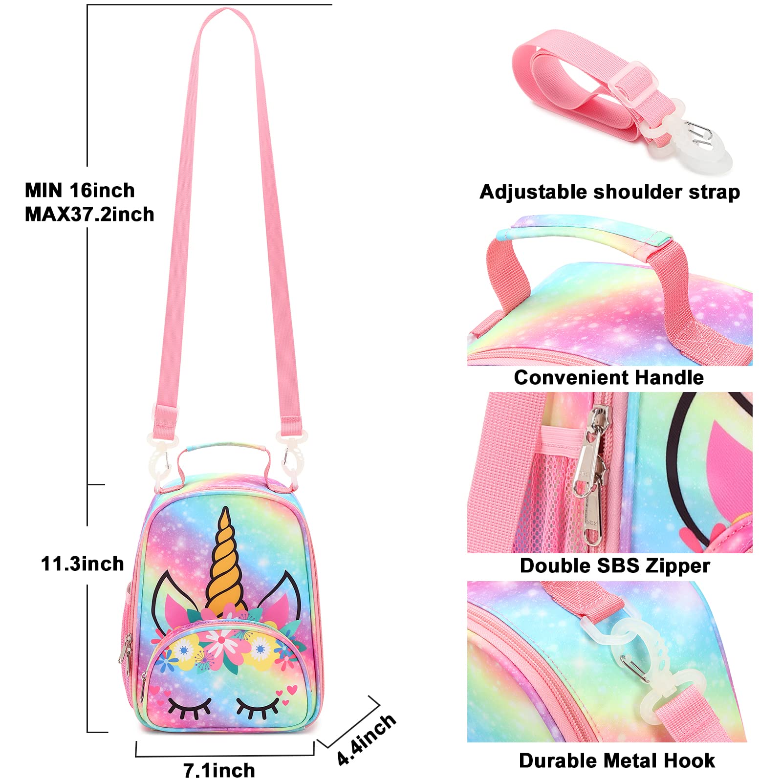 BTOOP Lunch Box Kids Girls Insulated Lunch Bag Toddler Cute Reusable Thermal Meal Cooler Tote Bags with Removable Shoulder Strap for School Travel (O-Rainbow)