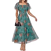 Simplee Womens Floral Maxi Dresses 2026 Spring Square Neck Mesh Short Sleeve Smocked Boho Flowy Wedding Guest Dress