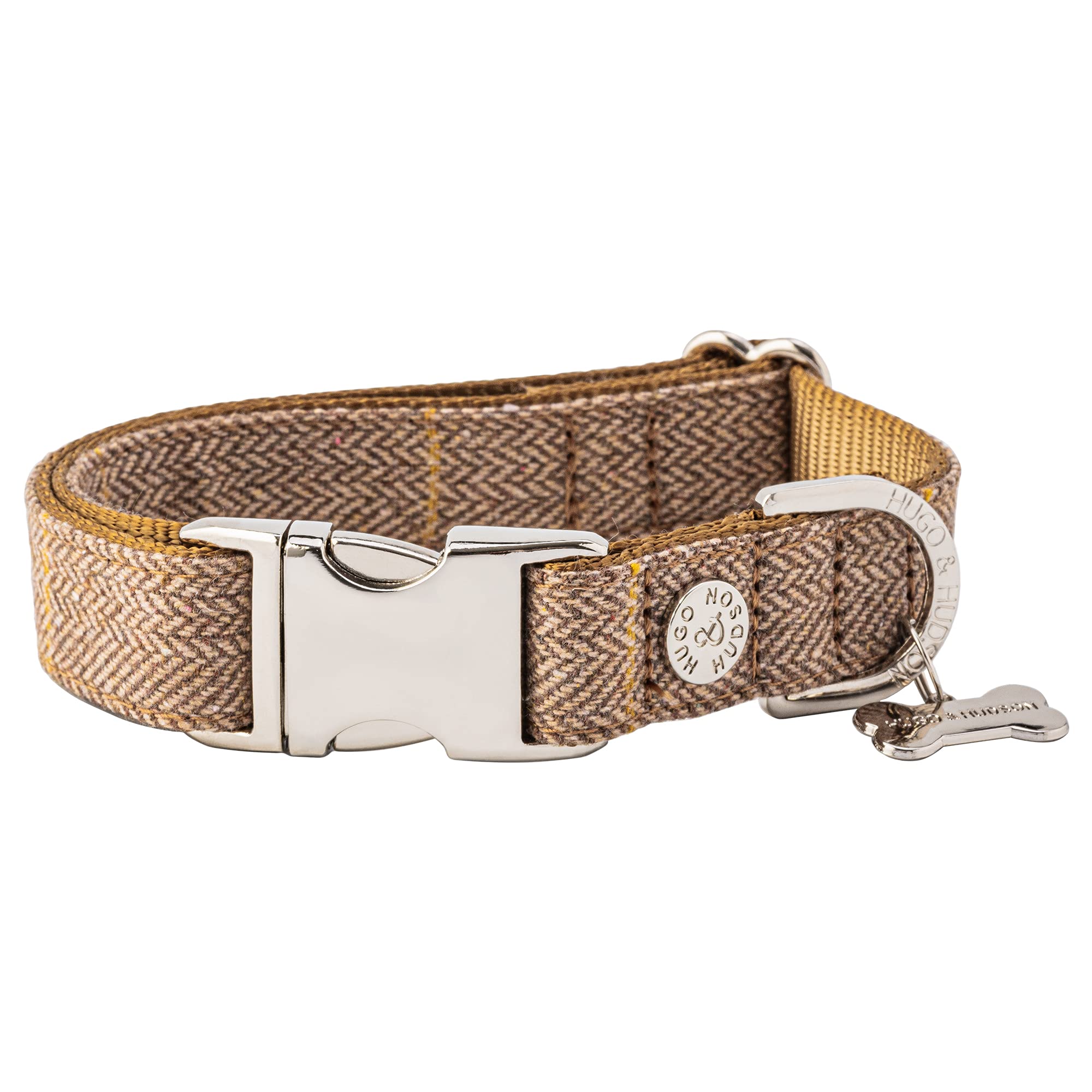 HUGO & HUDSON Tweed Dog Collar Adjustable Quick Release Safety Buckle Caramel Checked Herringbone XS — image 1