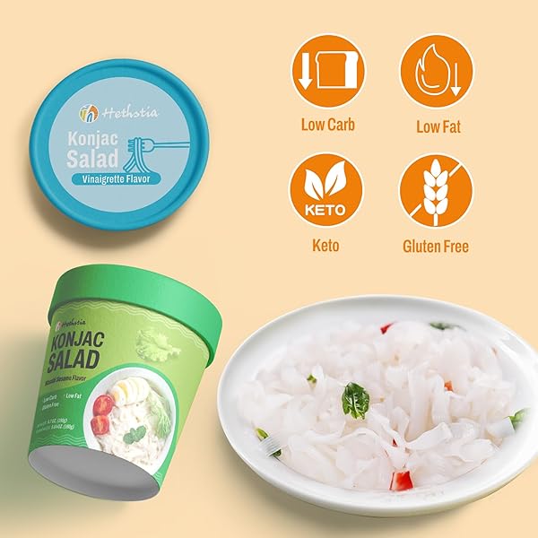 HETHSTIA LOW CARB PASTA, GLUTEN-FREE SHIRATAKI KONJAC NOODLES WITH VINAIGRETTE & WASABI SESAME SAUCE, COLD KETO SIDE DISH, 6-PACK PRE-PACKAGED MEAL, QUICK HEALTHY READY-TO-EAT FOOD
