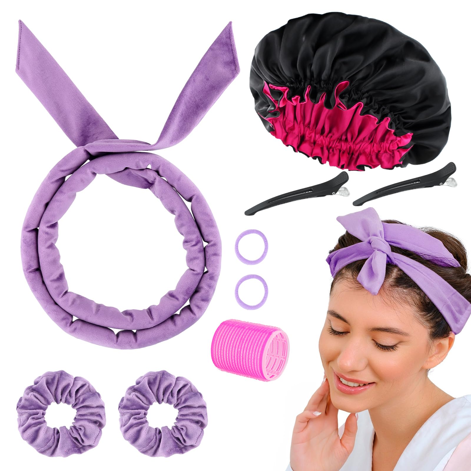 9 PCS Heatless Curlers Headband Set, Velour Heatless Curls, Soft and Comfortable Heatless Hair Curlers, Hair Curlers No Heat for Short & Long Hair (Purple, 9Pcs)