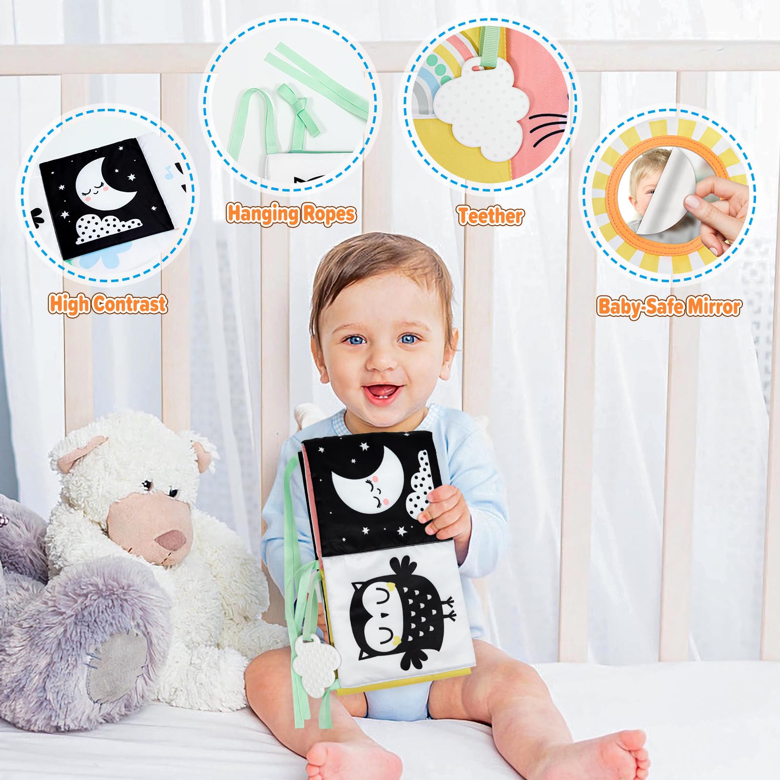 OKOOKO Black and White Baby Book, High Contrast Toy, 0-6 Months Baby Soft Book Tummy Time Montessori Sensory Toy for Stroller Early Education for 0-6 6-12 Months Newborn Infant