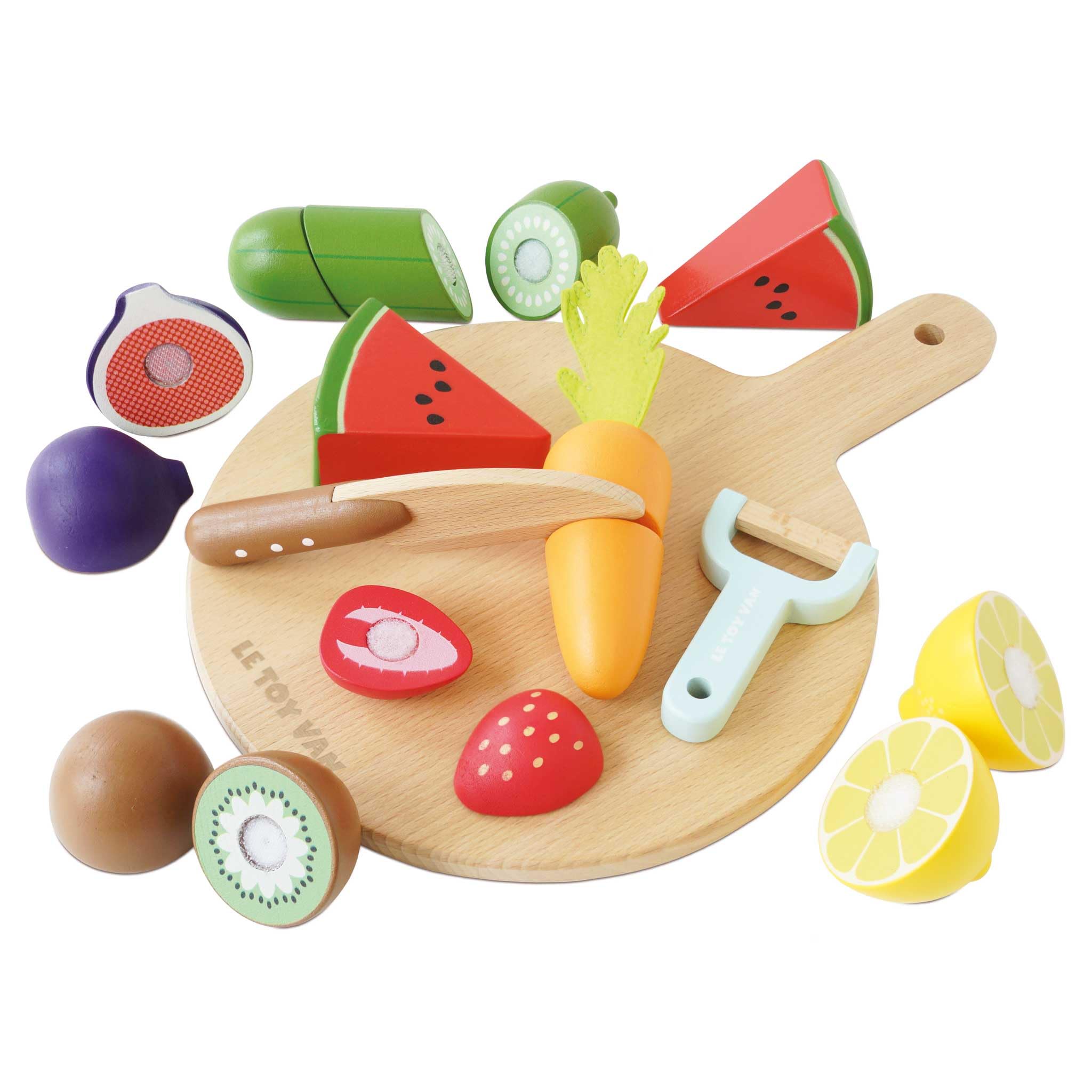 Le Toy Van - Wooden Chopping Board and Super Food Set | Perfect For Supermarket, Food Shop or Cafe Pretend Play – suitable for Boys & Girls age 36+ months