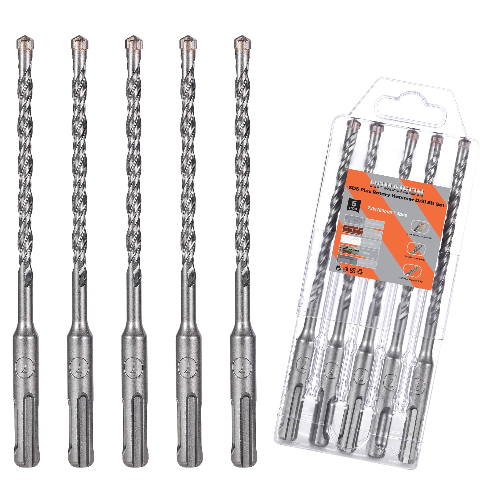 HPMAISON SDS Plus Rotary Hammer Drill Bit Set 7mm x 160mm, 5PCS Cross Drill Bits Hammer Impact Drill Bit 4-Cutter Carbide Tips for Drilling Stone, Concrete, Brick Wall, Cement, Masonry