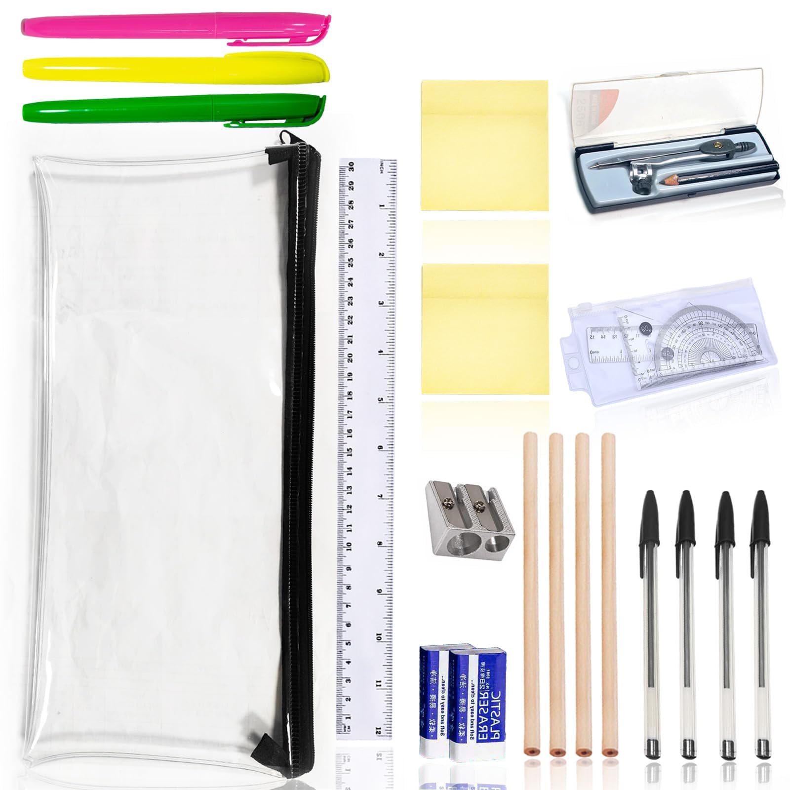OBYJCA 22 Pcs Back to School Stationery Set, School Stationary Sets, Assorted Stationery Pack with 4 Graphite Pencils, 4 Pens, 3 Highlighter, 2 Eraser & Sharpener, Compass, Pencil Case, 2 Post Notes