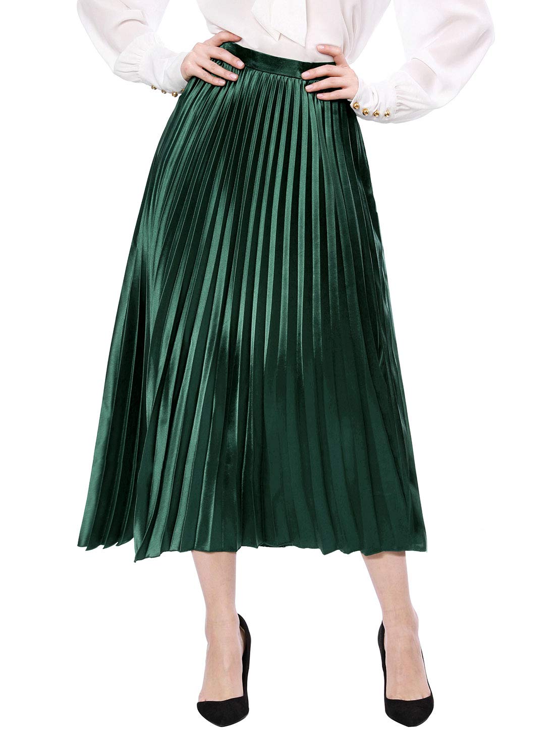 Photo 1 of Allegra K Women Pleated Skirt Midi Length Elastic High Waisted A Line Metallic Shirring Party Skirts Small Drak Green