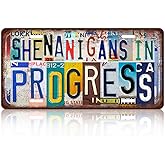 Vintage License Plate Wall Decor Shenanigans In Progress Metal Tin Sign For Bar Home 12 x 6 Inches