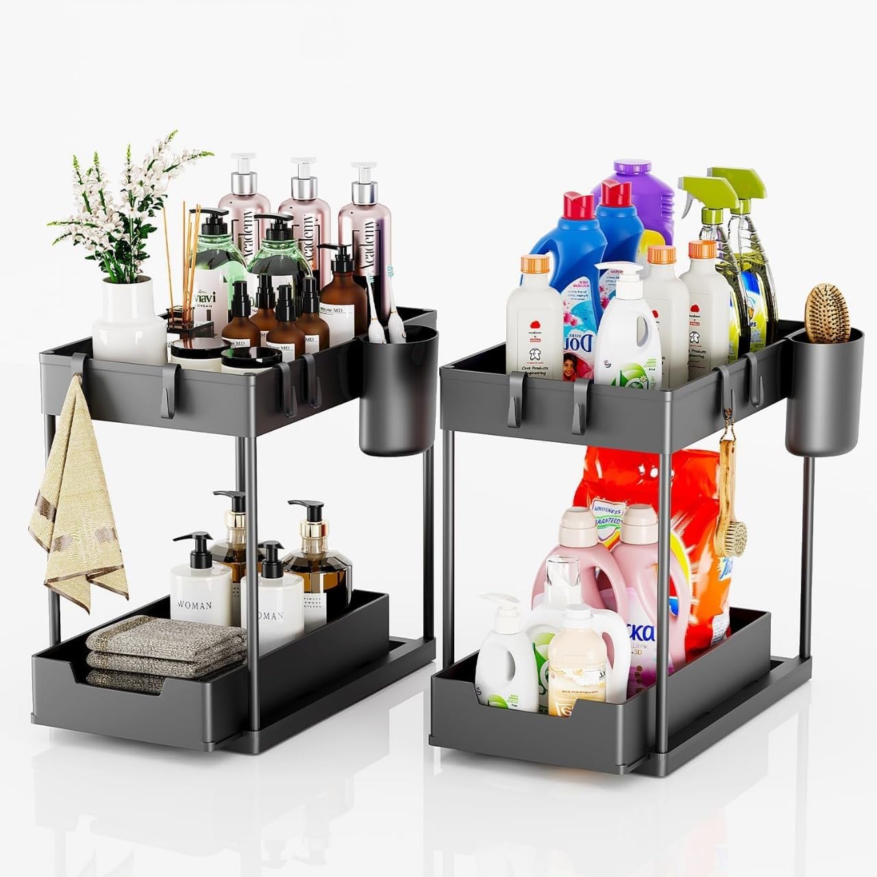 Photo 1 of 2PC Under Sink Organizer with Hanging Cups - 2 Tier Metal Under Sliding Cabinet Organizer Drawer with 4 Hooks for Bathroom Pantry Cabinet Rack Black