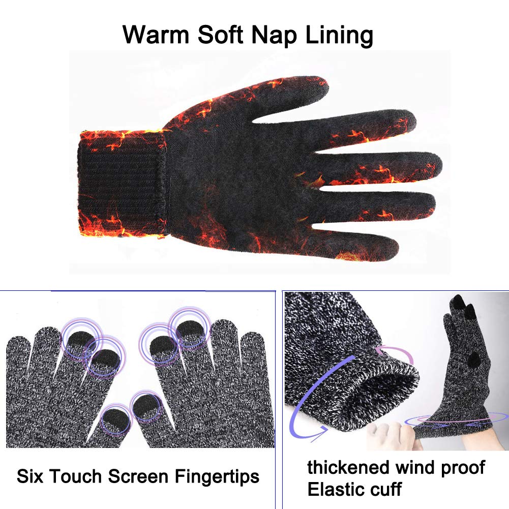 CFTech Winter Gloves Touch Screen Cold Weather Knit Glove for Men and Women - Thermal Soft Wool Lining - Stretchy Material (Gray)