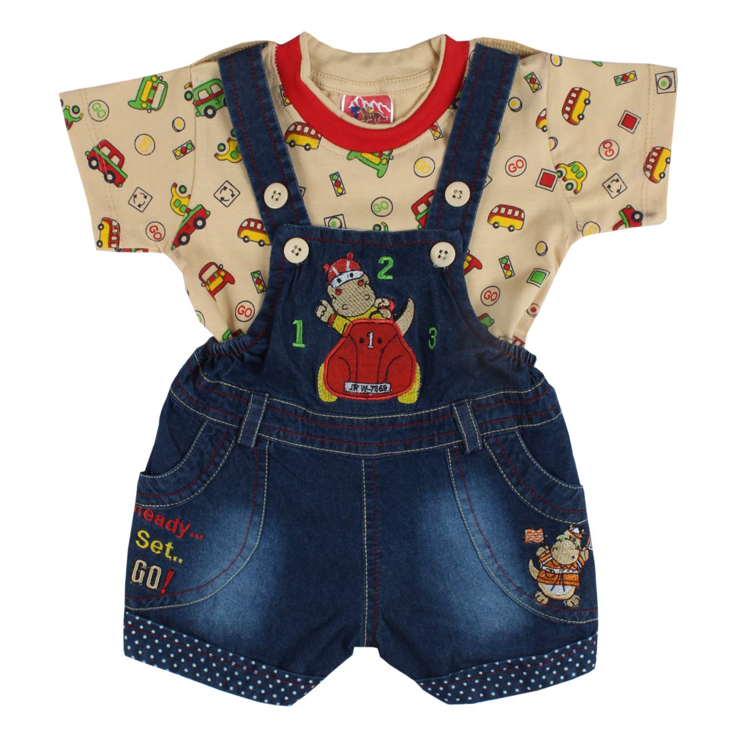 green dungarees baby