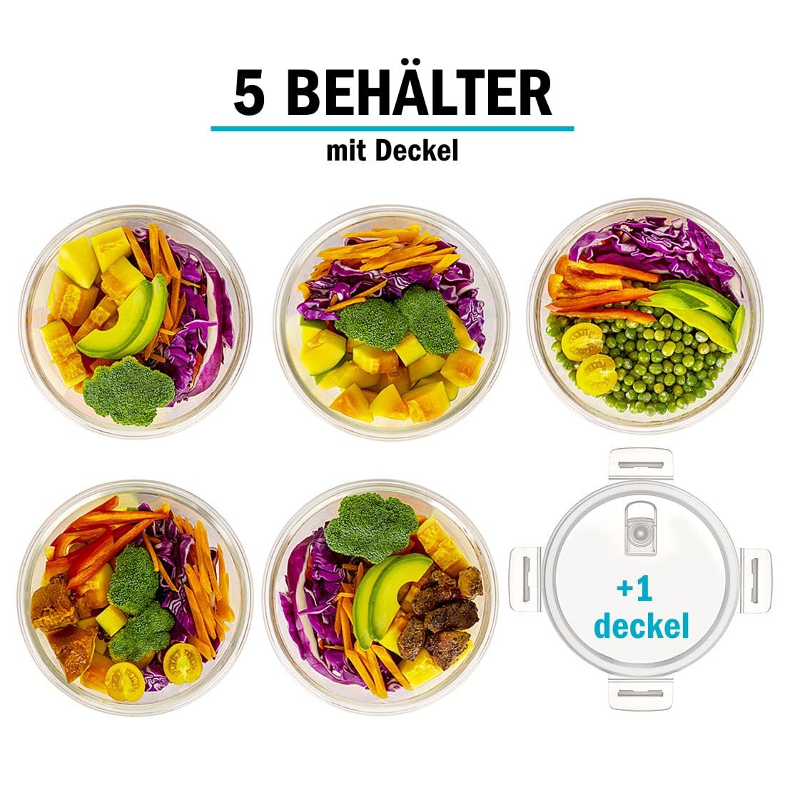 Igluu Meal Prep Boxen Glas, rund (5er-Pack+Ersatzdeckel) – 950ml 2