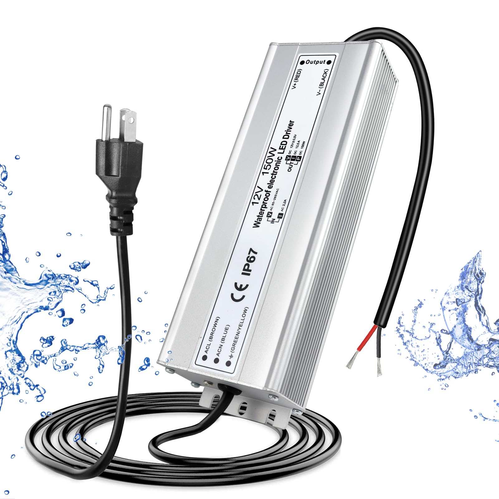 Photo 1 of LED Driver Waterproof IP67 150W 12V LED Power Supply Transformer Adapter 110V AC to 12V DC Low Voltage Output with 3-Prong Plug 3.3 Feet Cable for LED Strip Lighting, Outdoor Use