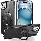SKYLMW Compatible with iPhone 15 Plus Case with Invisible Magnetic O-Ring Stand Military-Grade Translucent Case for iPhone 15 Plus 6.7" [Compatible with Mag-Safe][Great Grip Feeling], Black