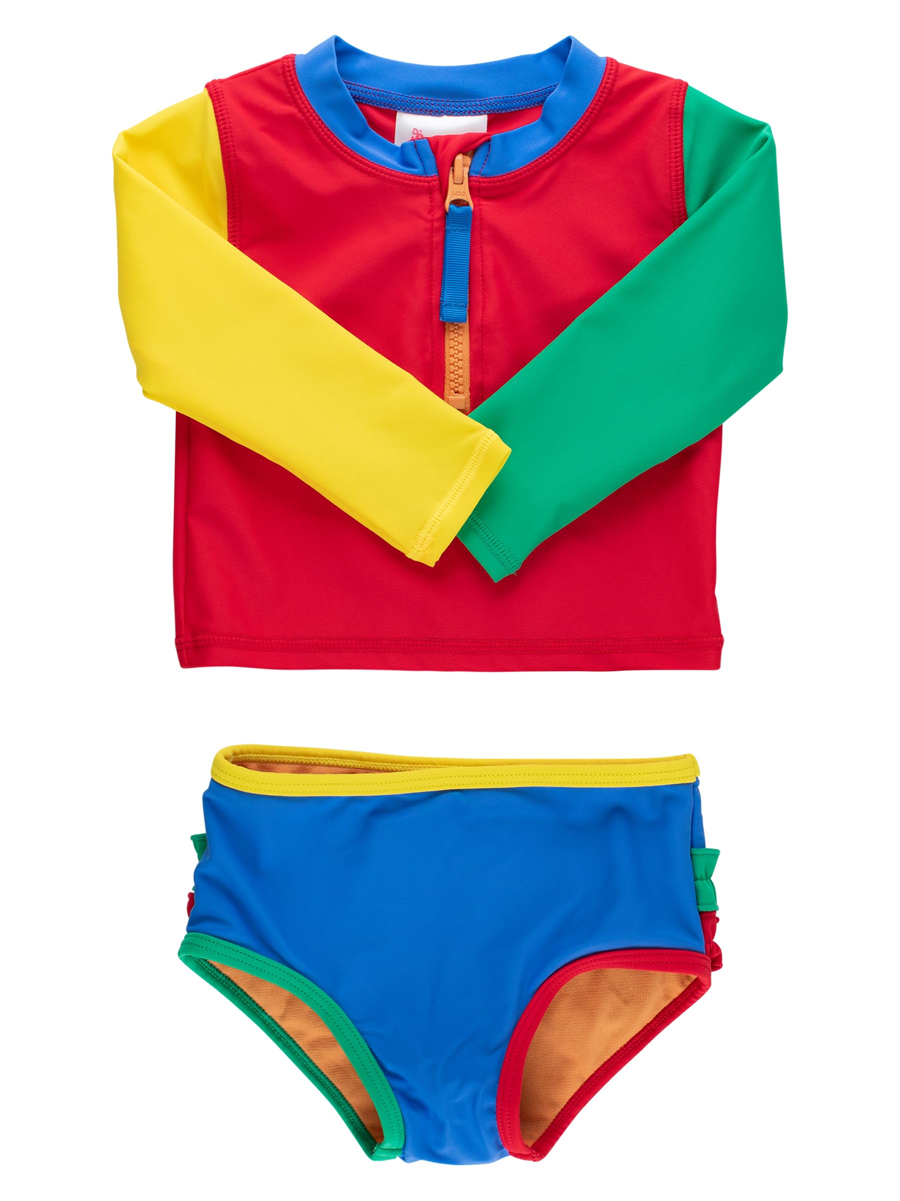 RuffleButts Baby/Toddler Girls Long Sleeve Rash Guard 2 Piece Swimsuit Set w/UPF 50+ Sun Protection with Zipper - Primary Color Block, 7 Image