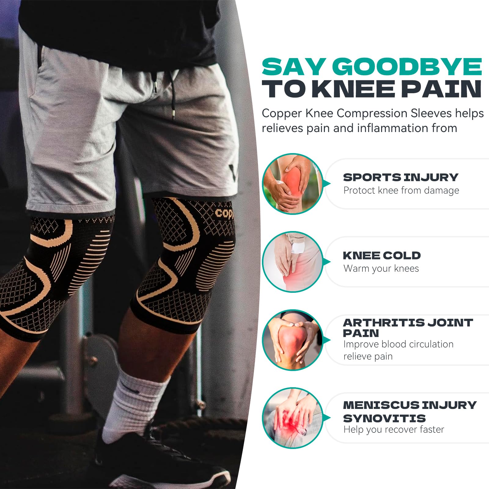 INDEEMAX Copper Knee Brace for Women Men 2 Pack, Knee Compression Sleeve for Knee Pain, Arthritis, Running,Sports and Recovery Support, M