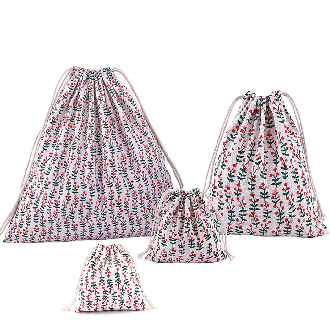 Amoyie 4 pcs Drawstring Storage Bag Set for Baby Stuff, Travel Home Accessories - Floral